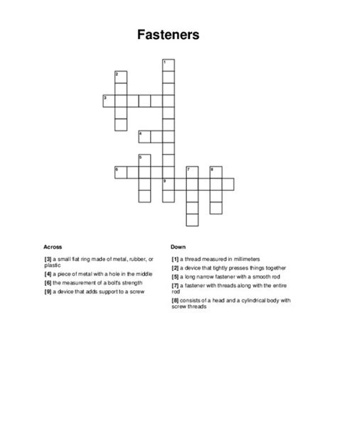Small fastener Crossword Clue Answer. Image via the Wall Street Journal. Below, you will find a potential answer to the crossword clue in question, which was located on August 3 2023, within the Wall Street Journal Crossword. Make sure to check the answer length matches the clue you’re looking for, as …